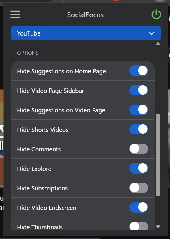 SocialFocus 크롬 익스텐션 설정 화면